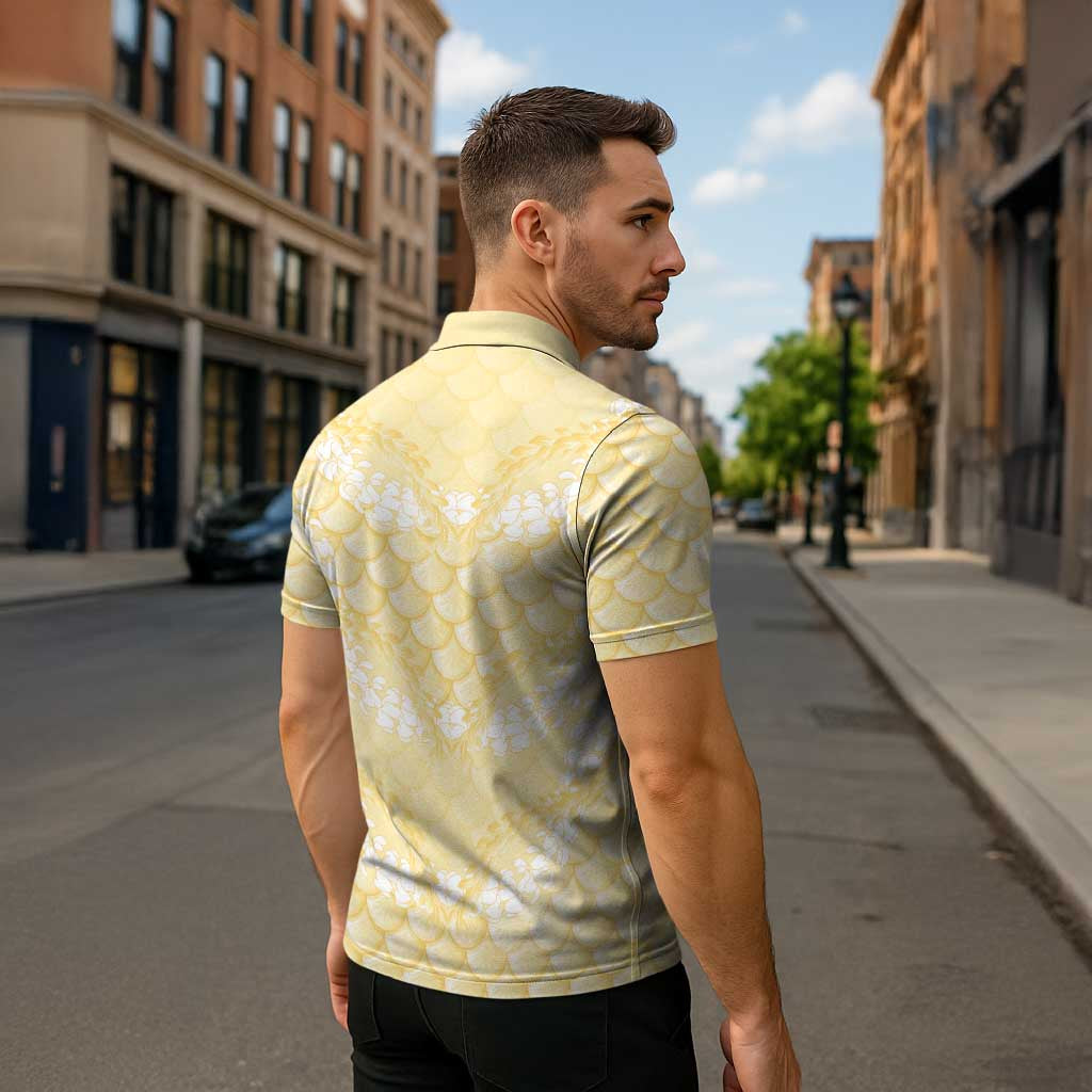 Pastel Yellow Mermaid Puakenikeni Maile Lei Zipper Polo Shirt