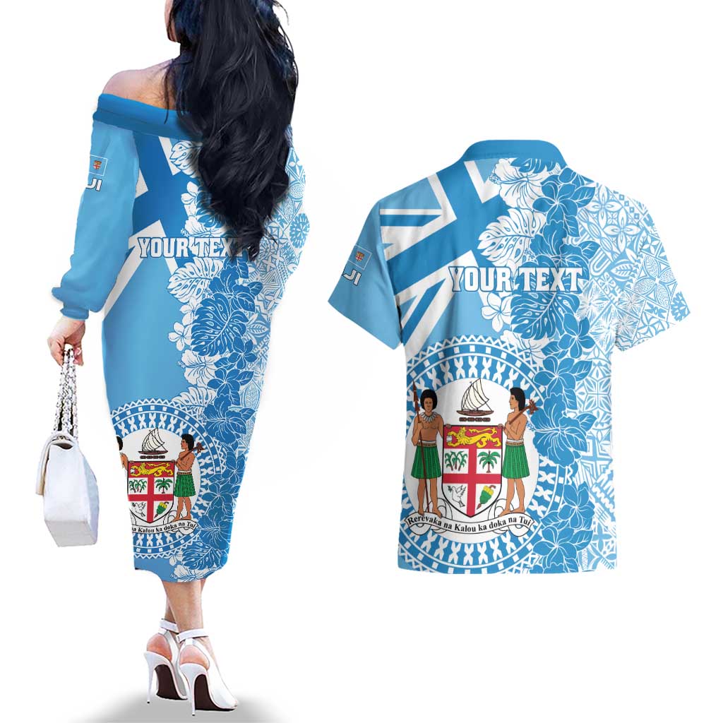 Personalised Fiji Day Couples Matching Off The Shoulder Long Sleeve Dress and Hawaiian Shirt Fijian Map Hibiscus Tapa Pattern LT01 - Polynesian Pride