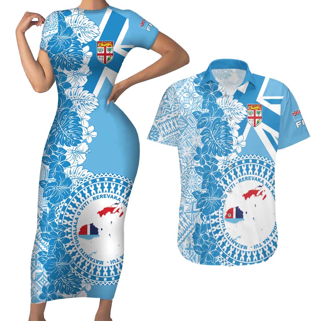 Personalised Fiji Day Couples Matching Short Sleeve Bodycon Dress and Hawaiian Shirt Fijian Map Hibiscus Tapa Pattern LT01 Blue - Polynesian Pride