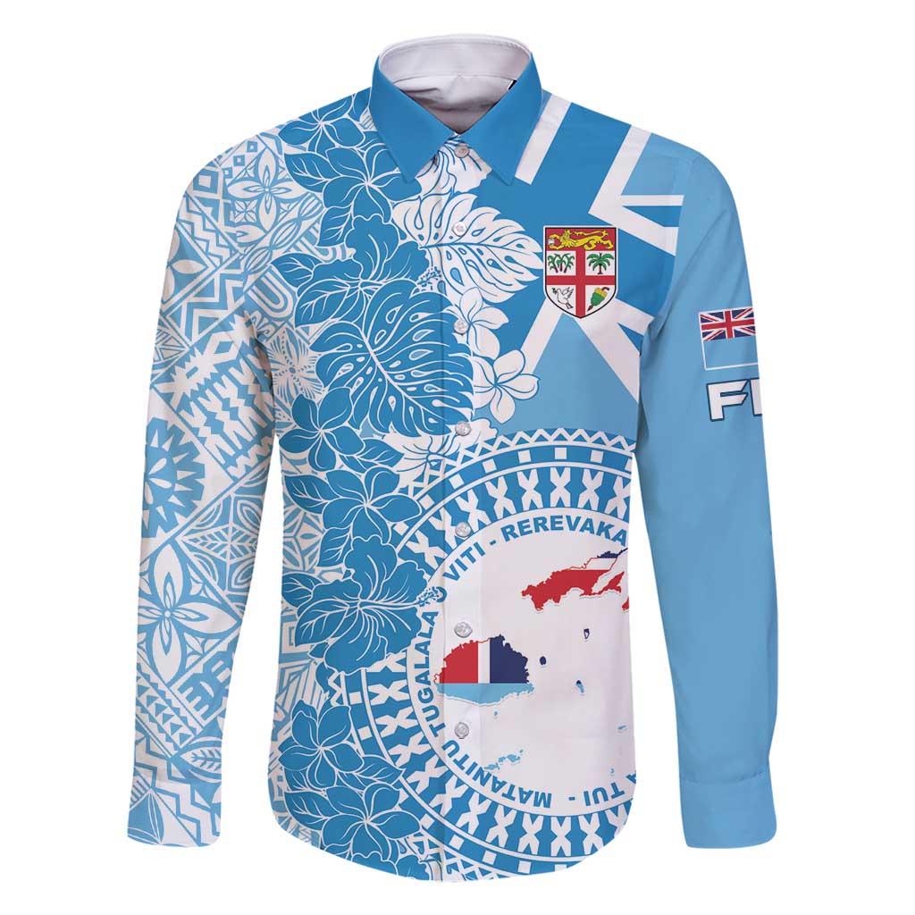 Personalised Fiji Day Family Matching Mermaid Dress and Hawaiian Shirt Fijian Map Hibiscus Tapa Pattern LT01 Dad's Shirt - Long Sleeve Blue - Polynesian Pride
