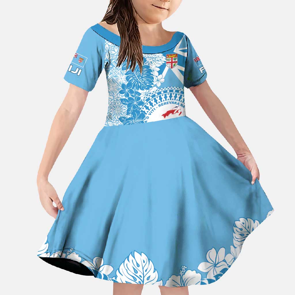 Personalised Fiji Day Family Matching Off Shoulder Maxi Dress and Hawaiian Shirt Fijian Map Hibiscus Tapa Pattern LT01 Daughter's Dress Blue - Polynesian Pride