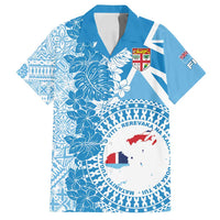Personalised Fiji Day Family Matching Off Shoulder Maxi Dress and Hawaiian Shirt Fijian Map Hibiscus Tapa Pattern LT01 Dad's Shirt - Short Sleeve Blue - Polynesian Pride