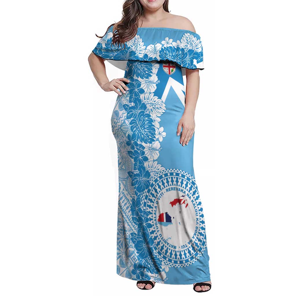 Personalised Fiji Day Family Matching Off Shoulder Maxi Dress and Hawaiian Shirt Fijian Map Hibiscus Tapa Pattern LT01 Mom's Dress Blue - Polynesian Pride