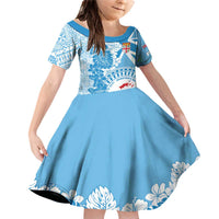 Personalised Fiji Day Family Matching Off Shoulder Short Dress and Hawaiian Shirt Fijian Map Hibiscus Tapa Pattern LT01 Daughter's Dress Blue - Polynesian Pride