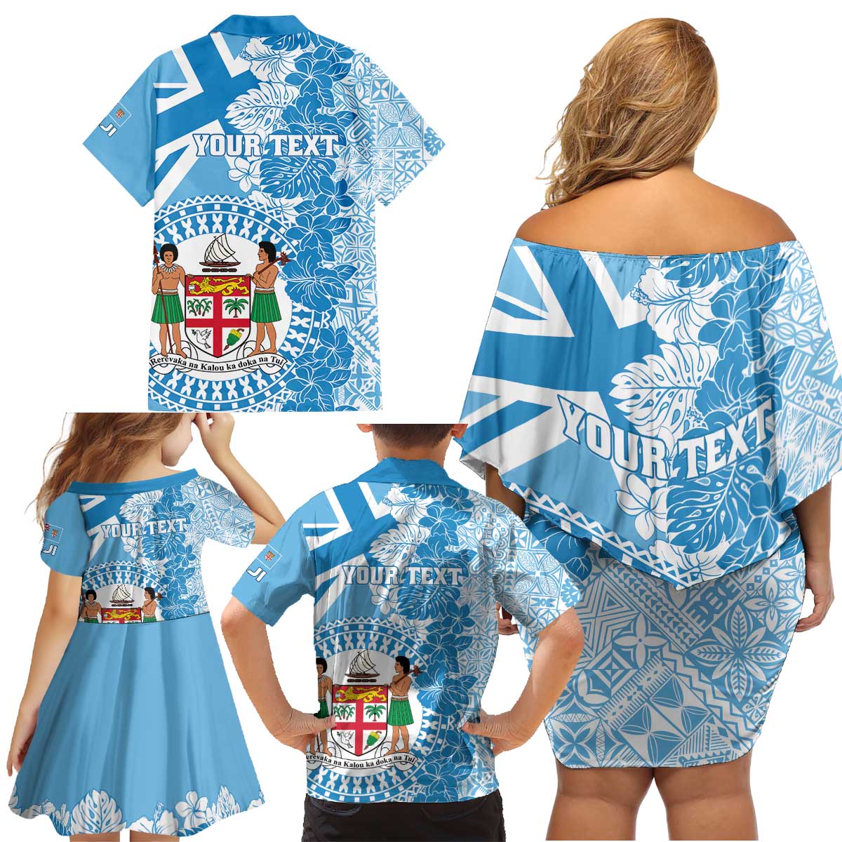 Personalised Fiji Day Family Matching Off Shoulder Short Dress and Hawaiian Shirt Fijian Map Hibiscus Tapa Pattern LT01 - Polynesian Pride
