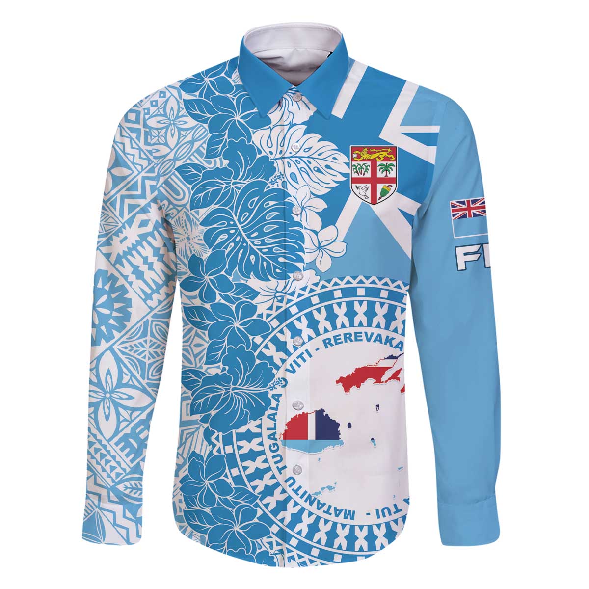 Personalised Fiji Day Family Matching Off Shoulder Short Dress and Hawaiian Shirt Fijian Map Hibiscus Tapa Pattern LT01 Dad's Shirt - Long Sleeve Blue - Polynesian Pride