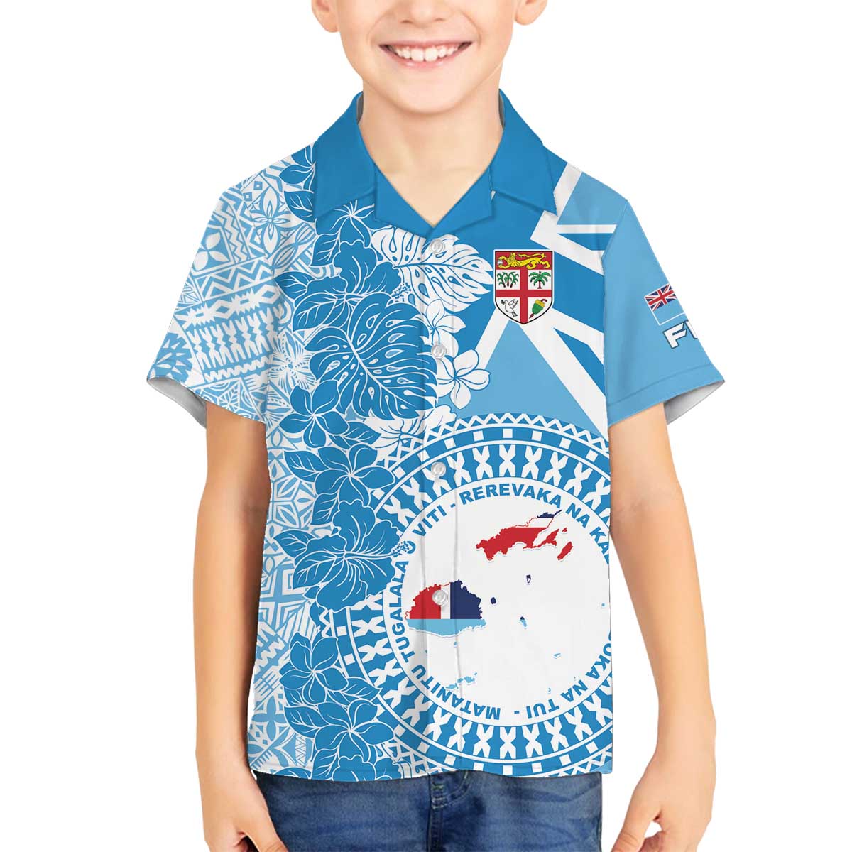 Personalised Fiji Day Family Matching Off Shoulder Short Dress and Hawaiian Shirt Fijian Map Hibiscus Tapa Pattern LT01 Son's Shirt Blue - Polynesian Pride