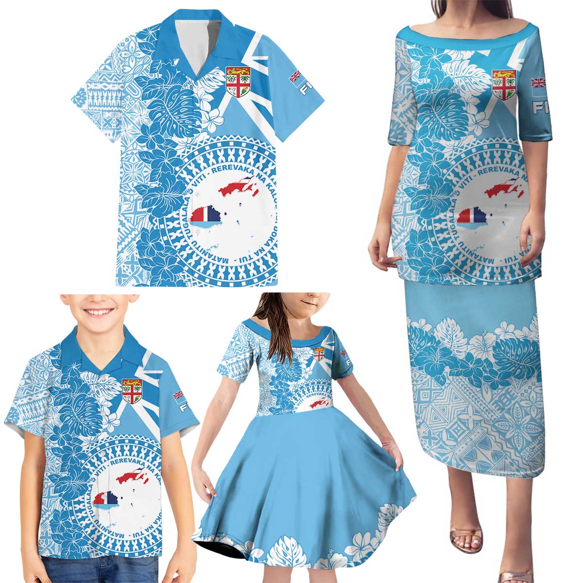 Personalised Fiji Day Family Matching Puletasi and Hawaiian Shirt Fijian Map Hibiscus Tapa Pattern LT01 - Polynesian Pride