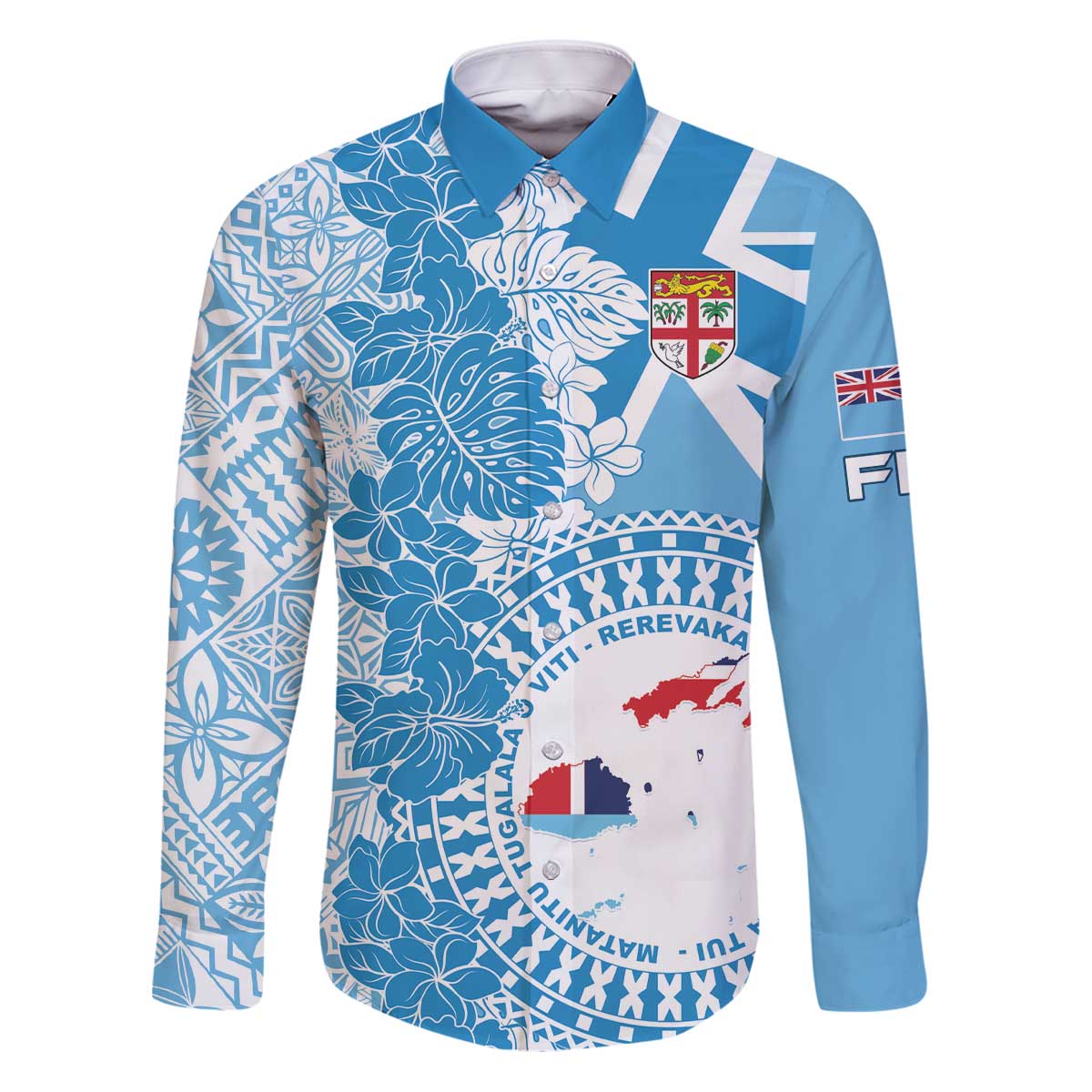 Personalised Fiji Day Family Matching Puletasi and Hawaiian Shirt Fijian Map Hibiscus Tapa Pattern LT01 Dad's Shirt - Long Sleeve Blue - Polynesian Pride