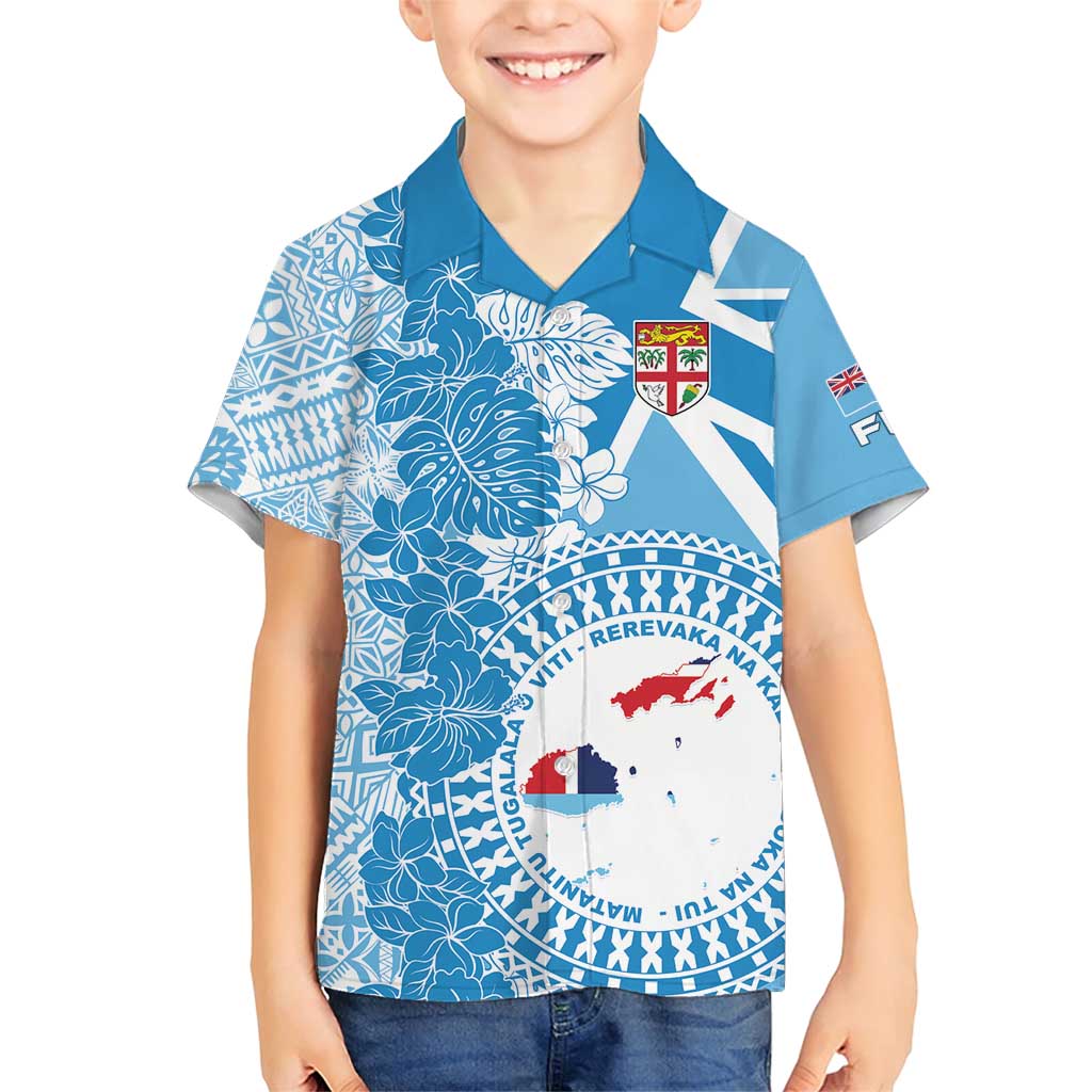 Personalised Fiji Day Family Matching Short Sleeve Bodycon Dress and Hawaiian Shirt Fijian Map Hibiscus Tapa Pattern LT01 Son's Shirt Blue - Polynesian Pride