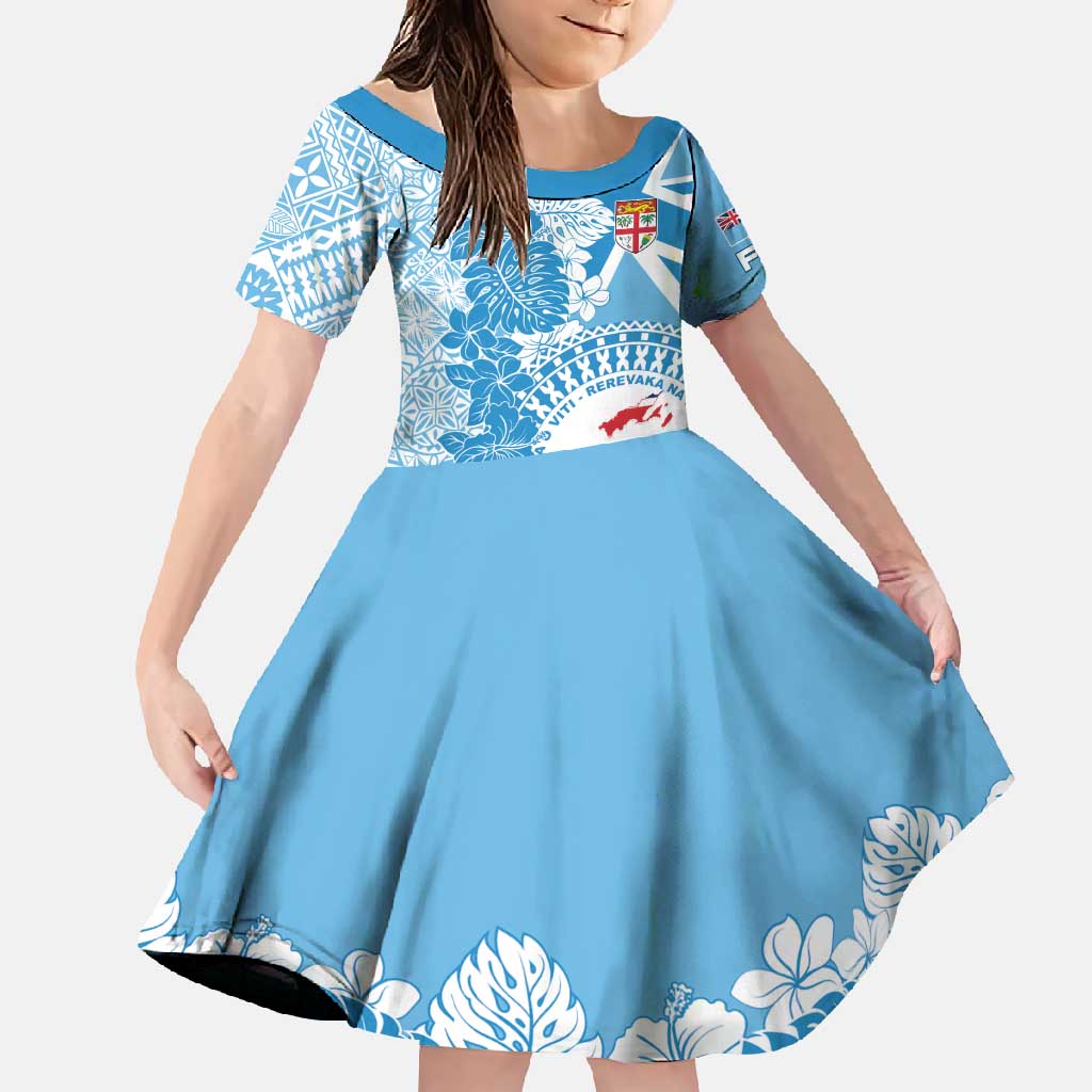 Personalised Fiji Day Family Matching Tank Maxi Dress and Hawaiian Shirt Fijian Map Hibiscus Tapa Pattern LT01 Daughter's Dress Blue - Polynesian Pride
