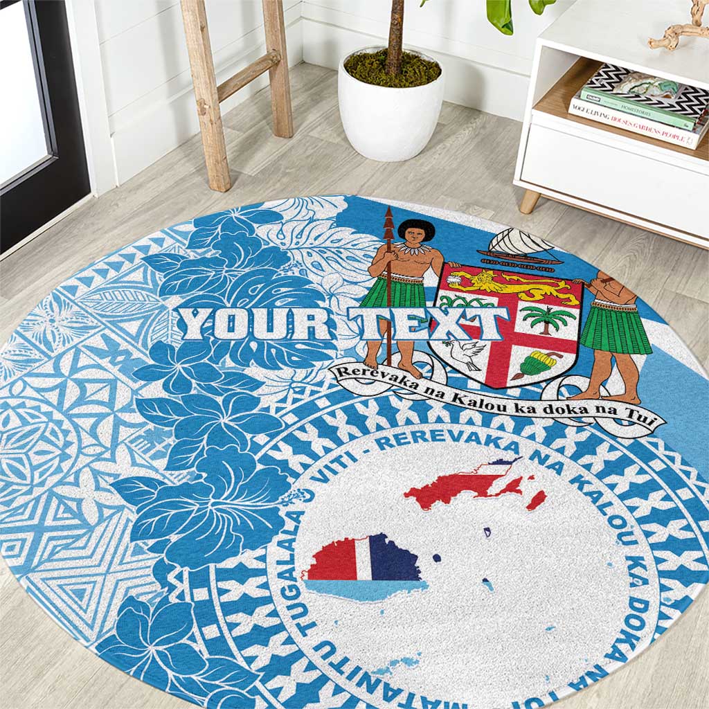 Personalised Fiji Day Round Carpet Fijian Map Hibiscus Tapa Pattern LT01 Blue - Polynesian Pride