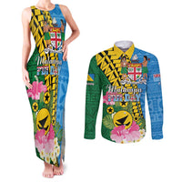 Personalised Malampa Fiji Day Couples Matching Tank Maxi Dress and Long Sleeve Button Shirt Tropical Tapa Pattern LT01 Art - Polynesian Pride
