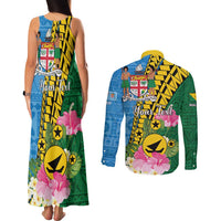 Personalised Malampa Fiji Day Couples Matching Tank Maxi Dress and Long Sleeve Button Shirt Tropical Tapa Pattern LT01 - Polynesian Pride