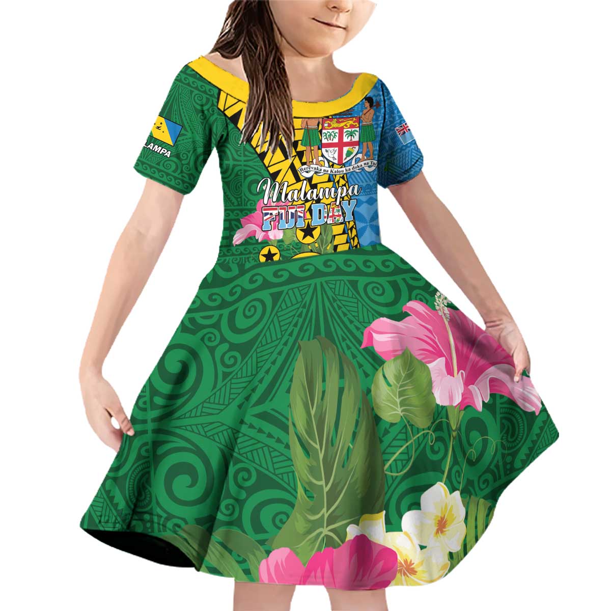 Personalised Malampa Fiji Day Family Matching Off Shoulder Short Dress and Hawaiian Shirt Tropical Tapa Pattern LT01 Daughter's Dress Art - Polynesian Pride