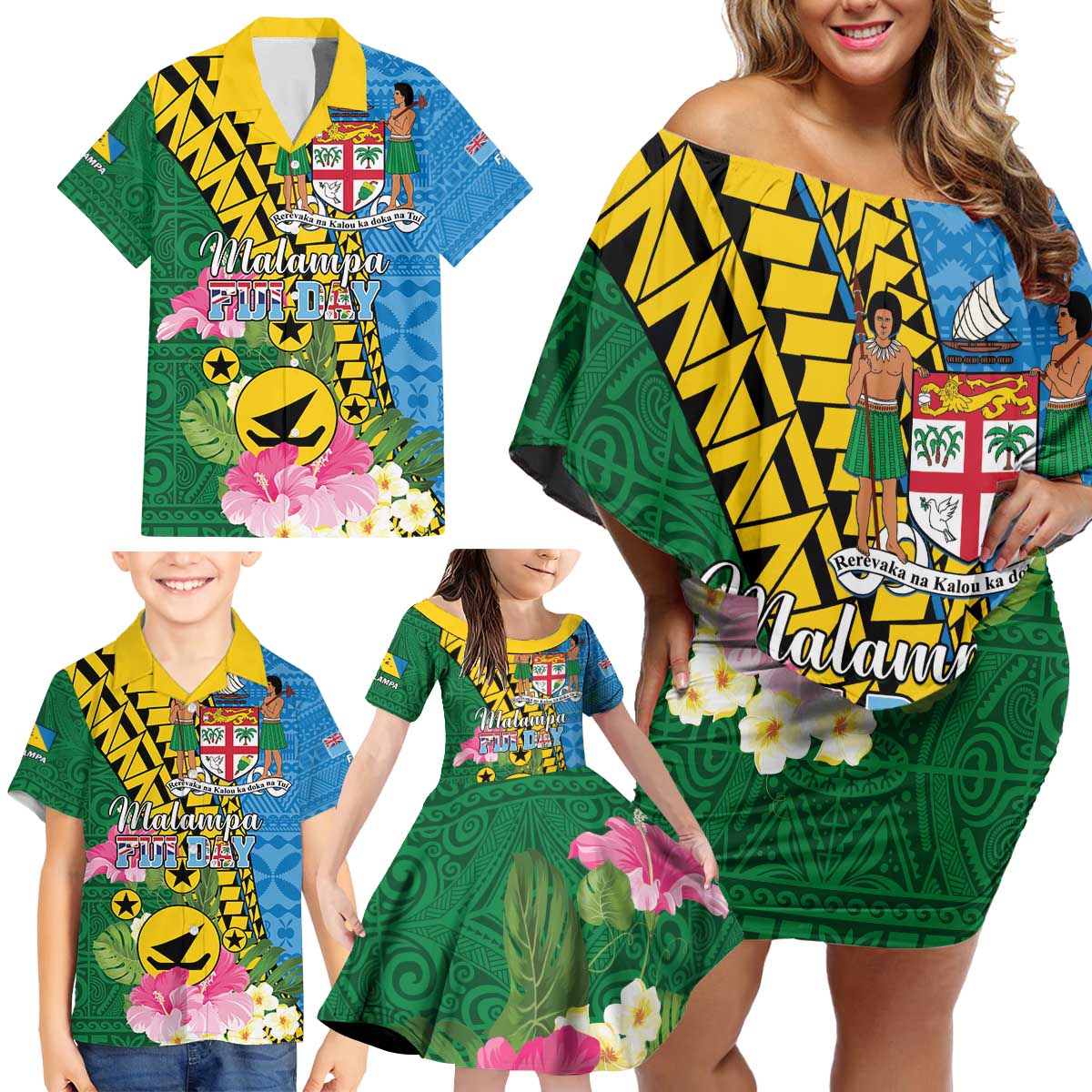 Personalised Malampa Fiji Day Family Matching Off Shoulder Short Dress and Hawaiian Shirt Tropical Tapa Pattern LT01 - Polynesian Pride