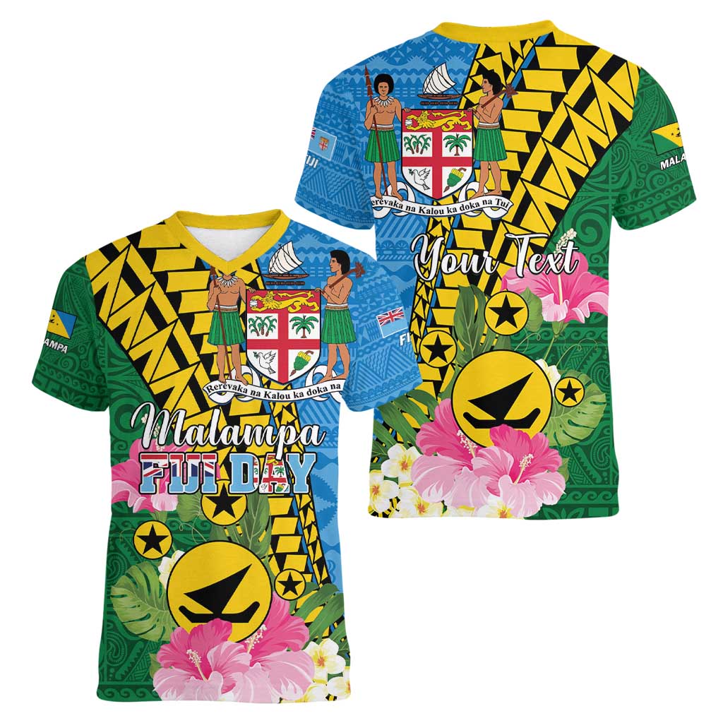 Personalised Malampa Fiji Day Women V-Neck T-Shirt Tropical Tapa Pattern