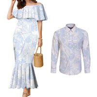Samoa White Sunday Couples Matching Mermaid Dress and Long Sleeve Button Shirt Plumeria Floral LT01 White - Polynesian Pride