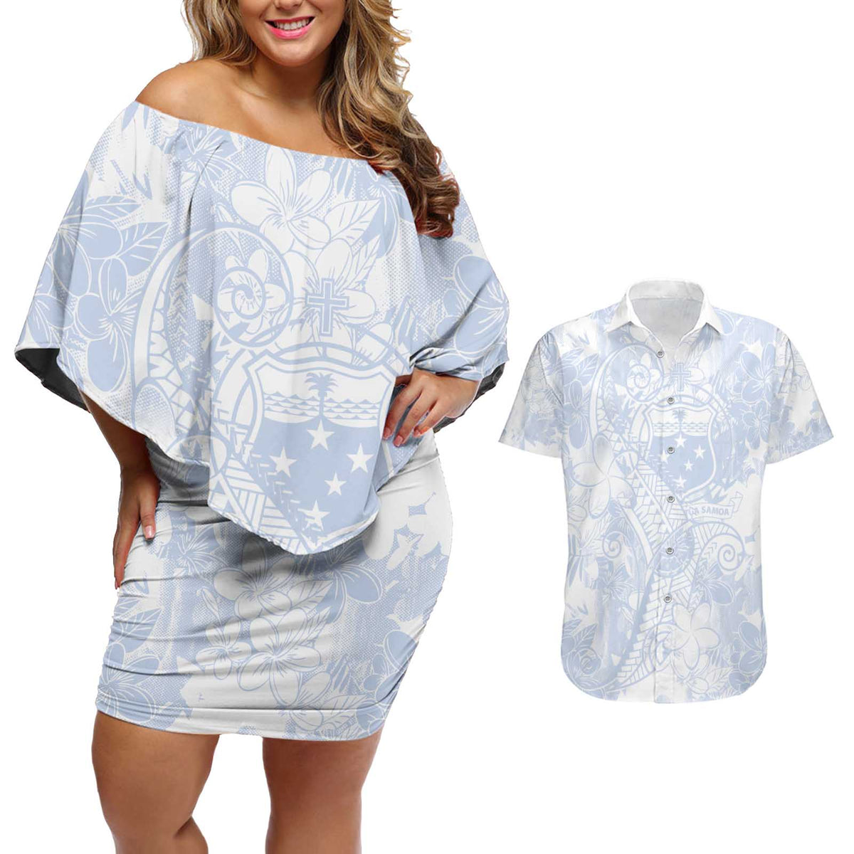 Samoa White Sunday Couples Matching Off Shoulder Short Dress and Hawaiian Shirt Plumeria Floral LT01 White - Polynesian Pride