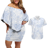 Samoa White Sunday Couples Matching Off Shoulder Short Dress and Hawaiian Shirt Plumeria Floral LT01 White - Polynesian Pride