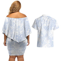 Samoa White Sunday Couples Matching Off Shoulder Short Dress and Hawaiian Shirt Plumeria Floral LT01 - Polynesian Pride