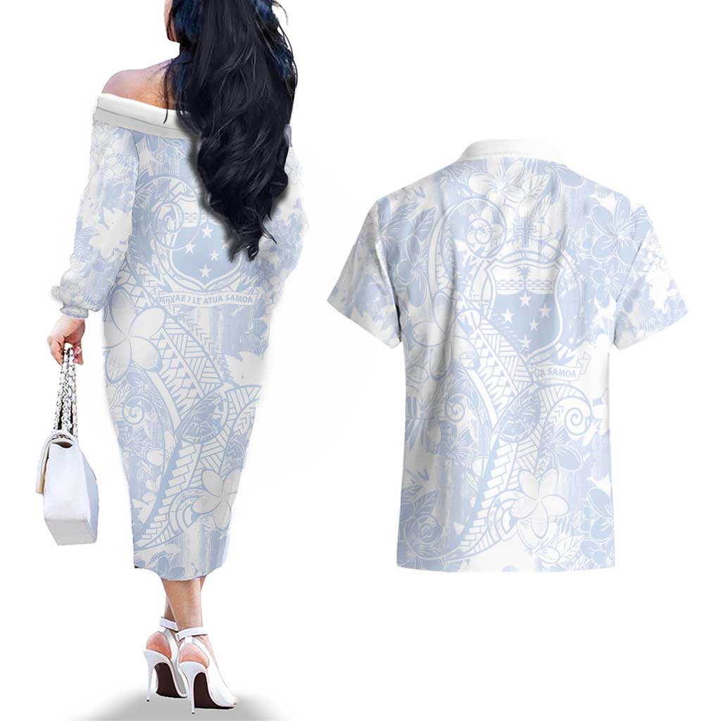 Samoa White Sunday Couples Matching Off The Shoulder Long Sleeve Dress and Hawaiian Shirt Plumeria Floral