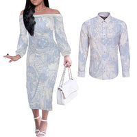 Samoa White Sunday Couples Matching Off The Shoulder Long Sleeve Dress and Long Sleeve Button Shirt Plumeria Floral LT01 White - Polynesian Pride