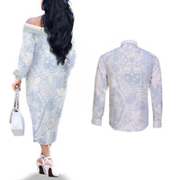 Samoa White Sunday Couples Matching Off The Shoulder Long Sleeve Dress and Long Sleeve Button Shirt Plumeria Floral LT01 - Polynesian Pride