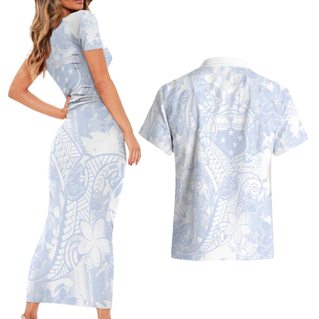 Samoa White Sunday Couples Matching Short Sleeve Bodycon Dress and Hawaiian Shirt Plumeria Floral LT01 - Polynesian Pride