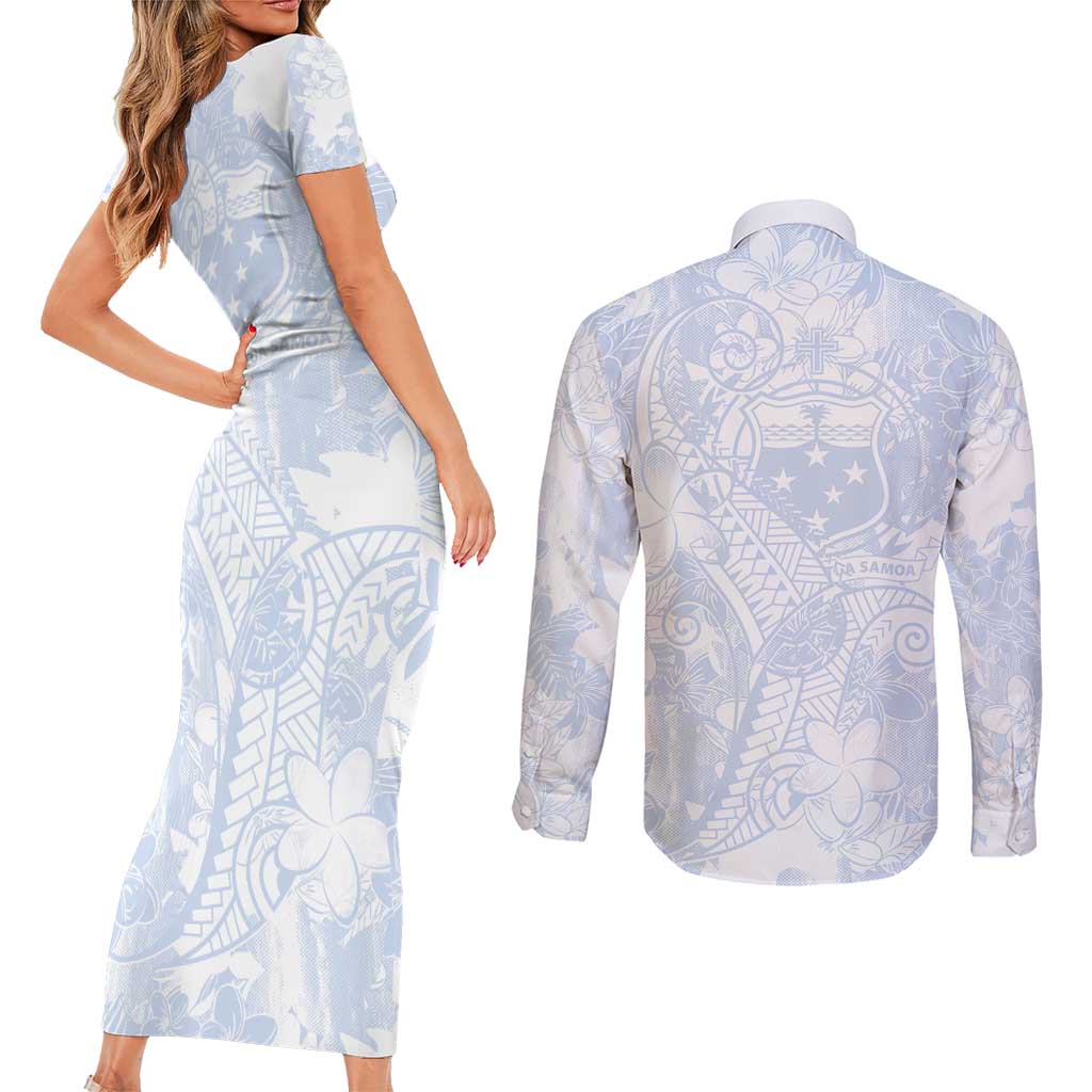 Samoa White Sunday Couples Matching Short Sleeve Bodycon Dress and Long Sleeve Button Shirt Plumeria Floral LT01 - Polynesian Pride