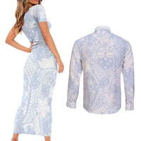 Samoa White Sunday Couples Matching Short Sleeve Bodycon Dress and Long Sleeve Button Shirt Plumeria Floral LT01 - Polynesian Pride