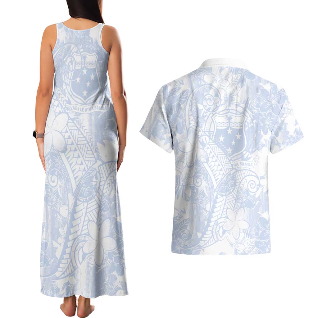 Samoa White Sunday Couples Matching Tank Maxi Dress and Hawaiian Shirt Plumeria Floral LT01 - Polynesian Pride