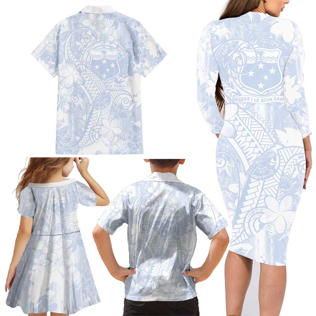 Samoa White Sunday Family Matching Long Sleeve Bodycon Dress and Hawaiian Shirt Plumeria Floral LT01 - Polynesian Pride