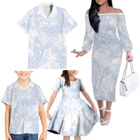 Samoa White Sunday Family Matching Off The Shoulder Long Sleeve Dress and Hawaiian Shirt Plumeria Floral LT01 - Polynesian Pride