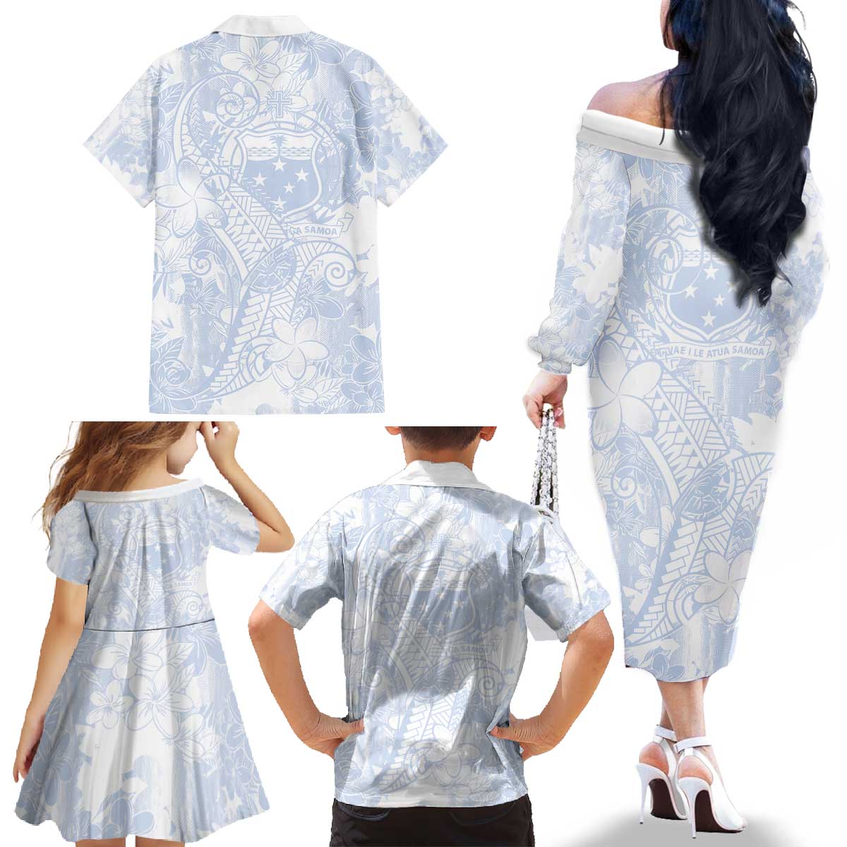 Samoa White Sunday Family Matching Off The Shoulder Long Sleeve Dress and Hawaiian Shirt Plumeria Floral LT01 - Polynesian Pride