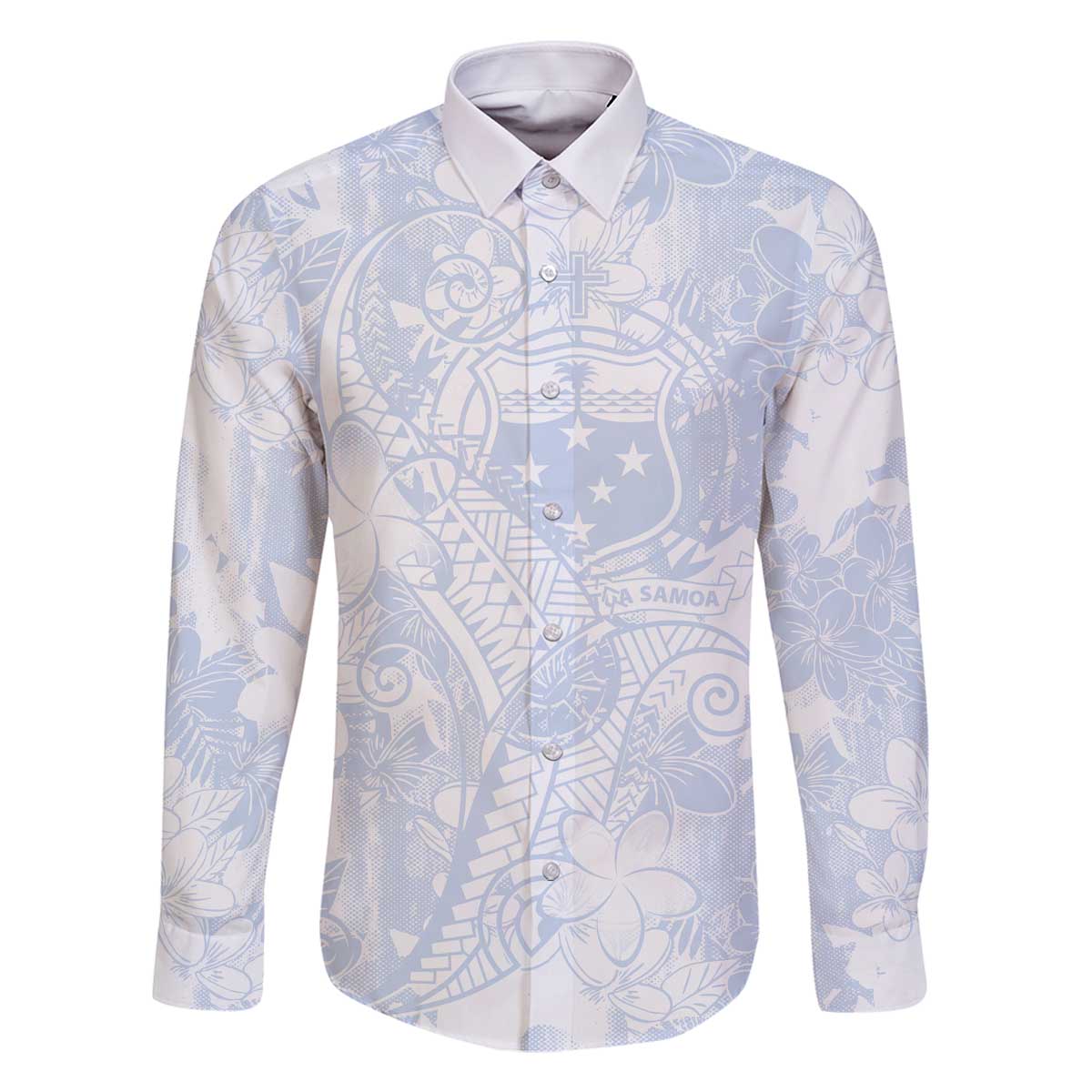 Samoa White Sunday Family Matching Off The Shoulder Long Sleeve Dress and Hawaiian Shirt Plumeria Floral LT01 Dad's Shirt - Long Sleeve White - Polynesian Pride