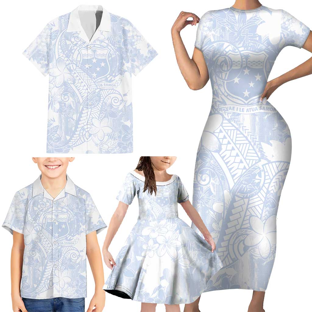 Samoa White Sunday Family Matching Short Sleeve Bodycon Dress and Hawaiian Shirt Plumeria Floral LT01 - Polynesian Pride