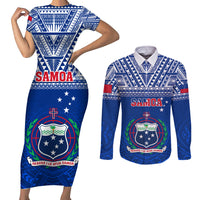 Samoa Rugby Couples Matching Short Sleeve Bodycon Dress and Long Sleeve Button Shirts Manu Samoa Polynesian Tatoo Pattern LT01 Blue - Polynesian Pride