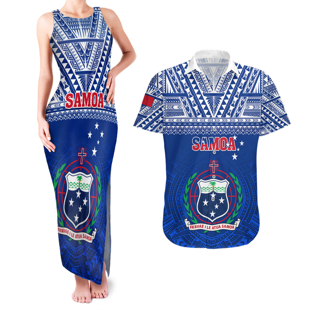 Samoa Rugby Couples Matching Tank Maxi Dress and Hawaiian Shirt Manu Samoa Polynesian Tatoo Pattern LT01 Blue - Polynesian Pride