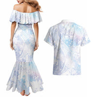 Samoa White Sunday Couples Matching Mermaid Dress and Hawaiian Shirt Sweet Pastel Plumeria Floral