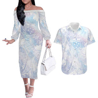 Samoa White Sunday Couples Matching Off The Shoulder Long Sleeve Dress and Hawaiian Shirt Sweet Pastel Plumeria Floral LT01 White - Polynesian Pride