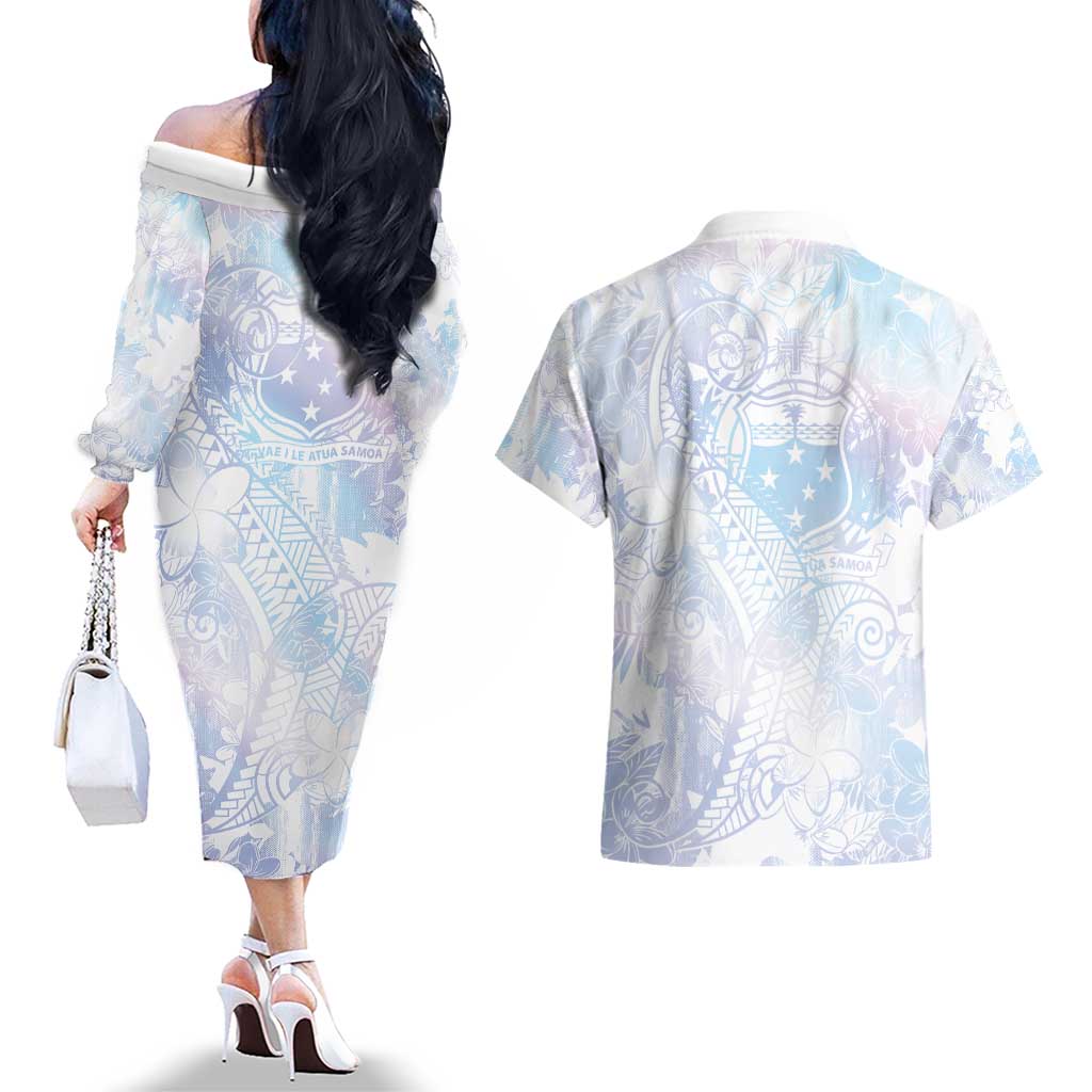 Samoa White Sunday Couples Matching Off The Shoulder Long Sleeve Dress and Hawaiian Shirt Sweet Pastel Plumeria Floral LT01 - Polynesian Pride