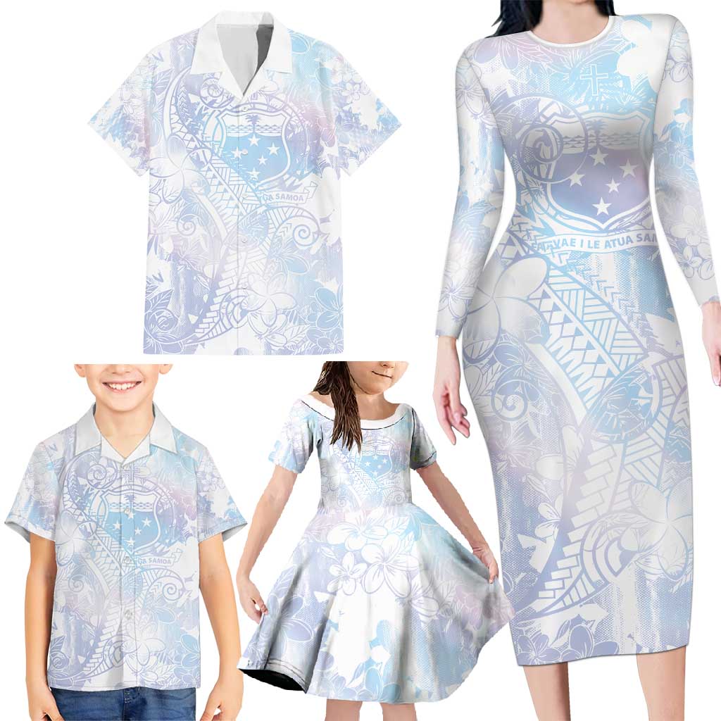 Samoa White Sunday Family Matching Long Sleeve Bodycon Dress and Hawaiian Shirt Sweet Pastel Plumeria Floral LT01 - Polynesian Pride