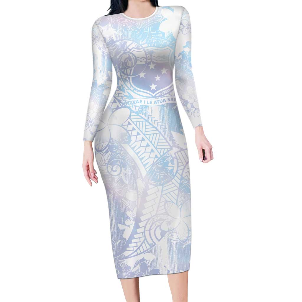 Samoa White Sunday Family Matching Long Sleeve Bodycon Dress and Hawaiian Shirt Sweet Pastel Plumeria Floral LT01 Mom's Dress White - Polynesian Pride