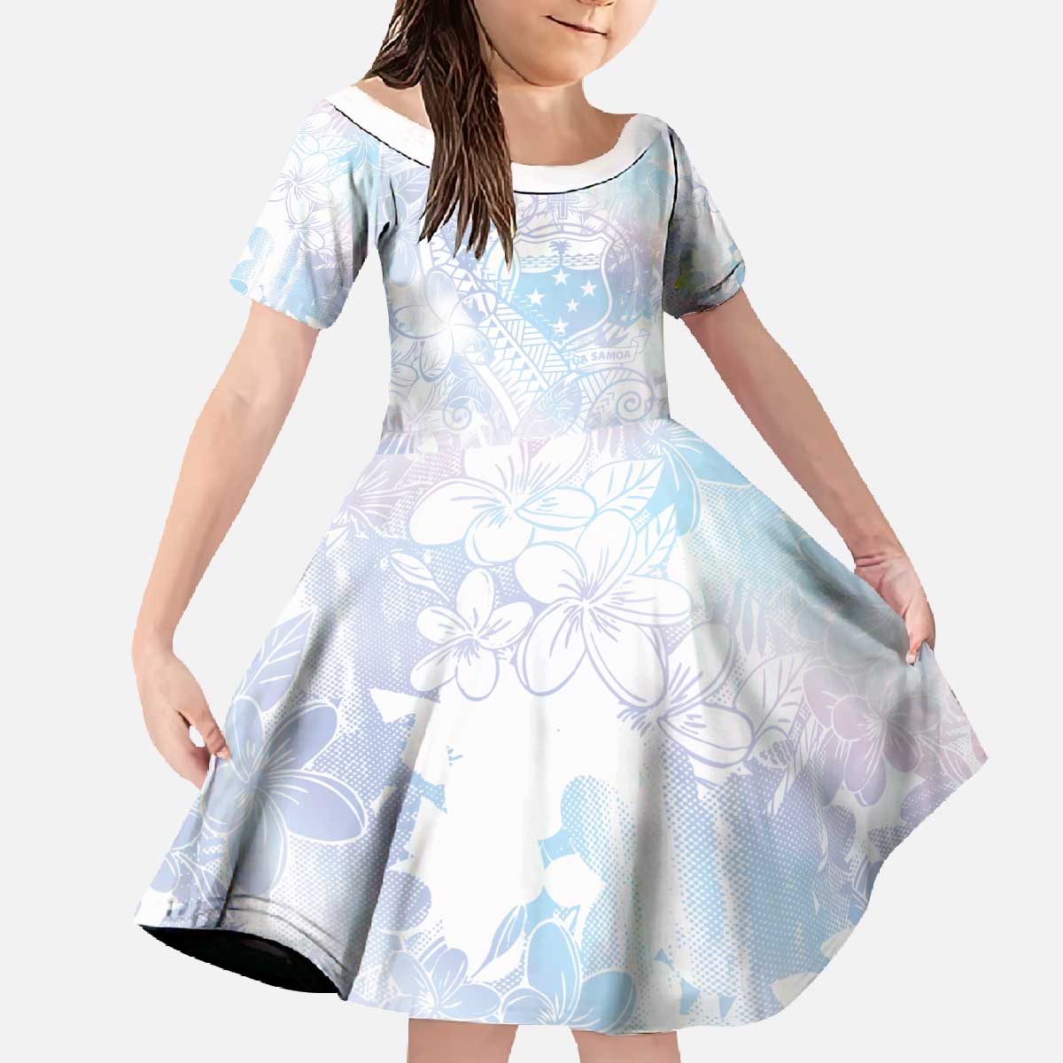 Samoa White Sunday Family Matching Off The Shoulder Long Sleeve Dress and Hawaiian Shirt Sweet Pastel Plumeria Floral LT01 Daughter's Dress White - Polynesian Pride