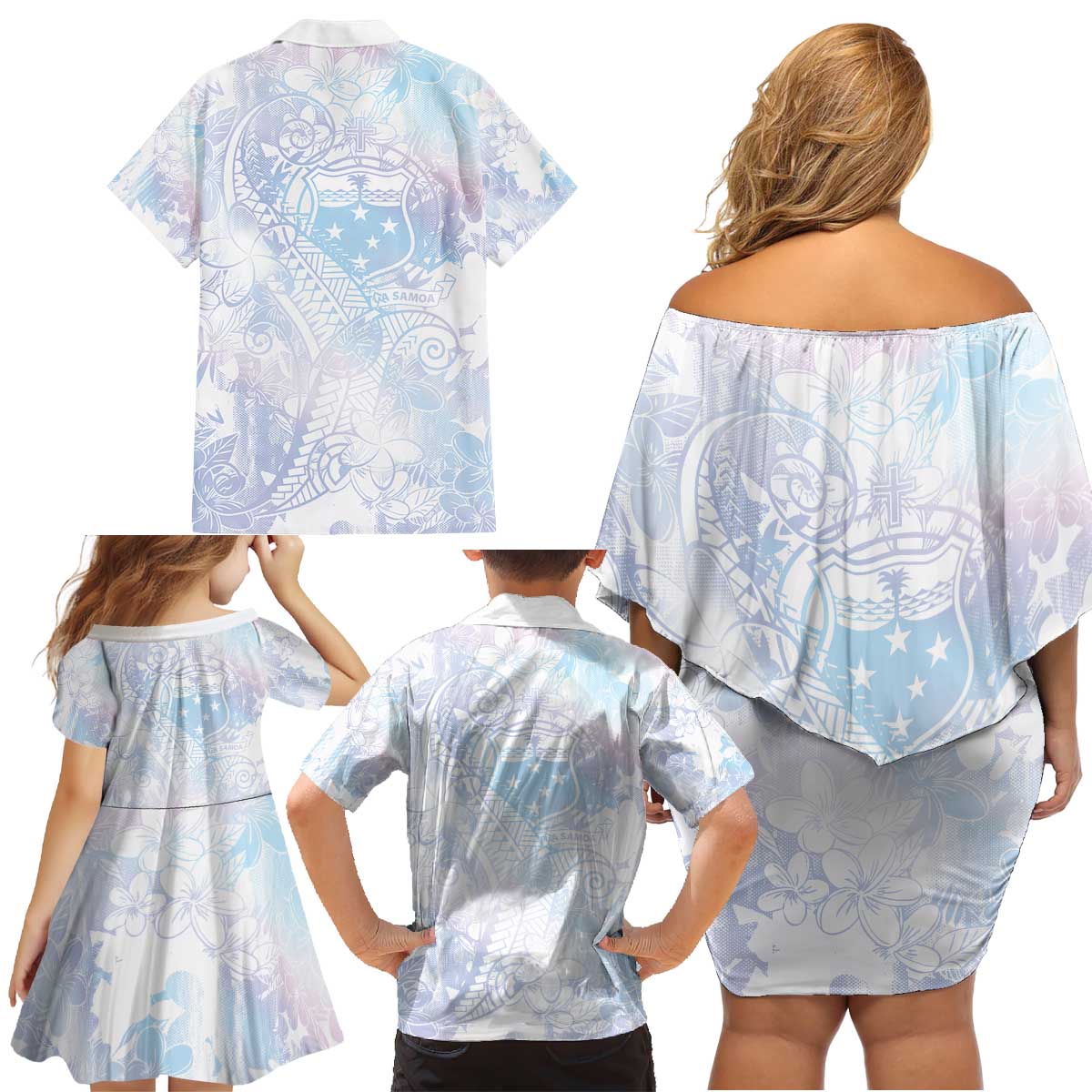 Samoa White Sunday Family Matching Off Shoulder Short Dress and Hawaiian Shirt Sweet Pastel Plumeria Floral LT01 - Polynesian Pride