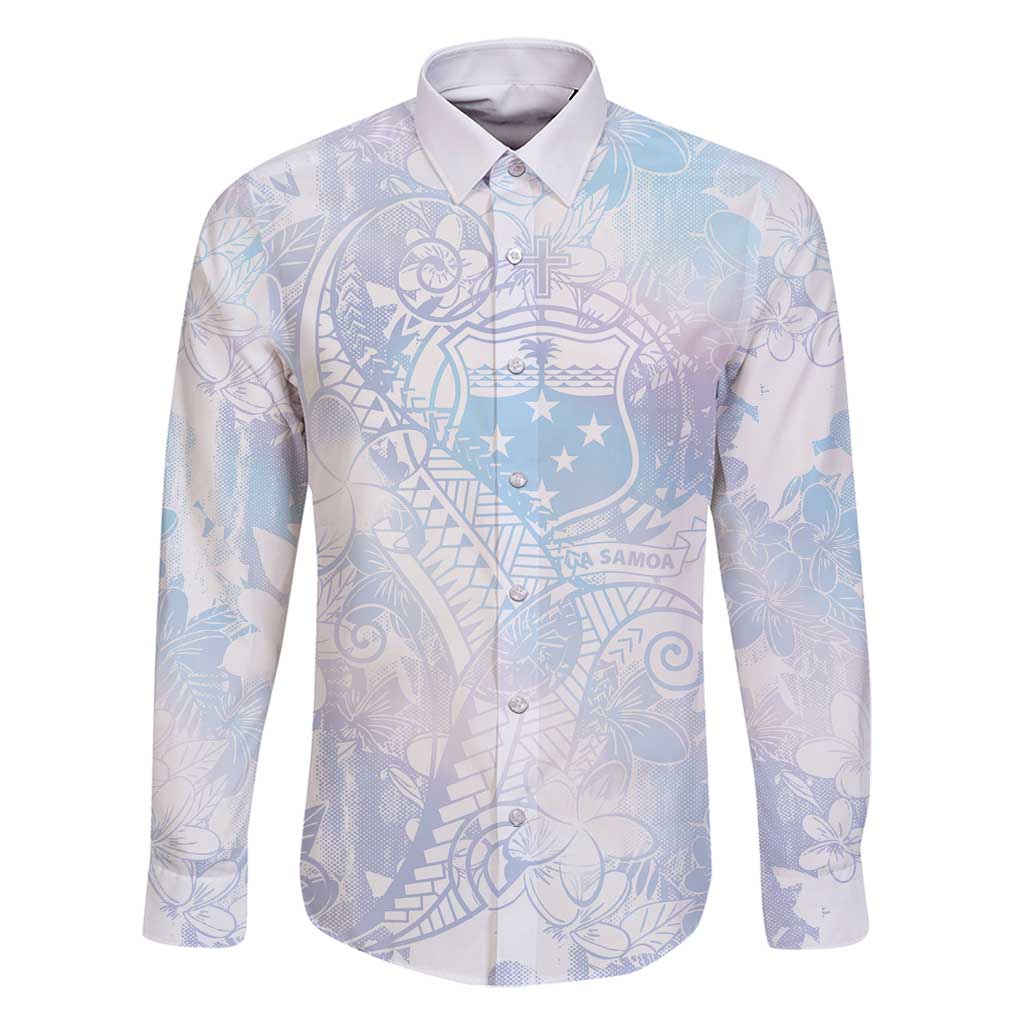 Samoa White Sunday Family Matching Tank Maxi Dress and Hawaiian Shirt Sweet Pastel Plumeria Floral LT01 Dad's Shirt - Long Sleeve White - Polynesian Pride