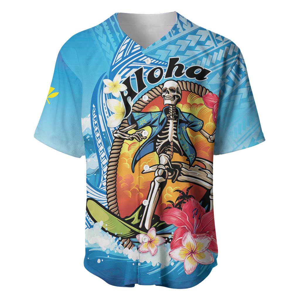 Personalized Aloha Hawaii Skeleton Surfing Baseball Jersey Tribal Shark Plumeria LT01 Blue - Polynesian Pride