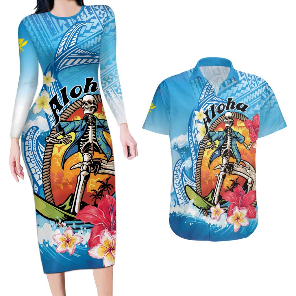 Personalized Aloha Hawaii Skeleton Surfing Couples Matching Long Sleeve Bodycon Dress and Hawaiian Shirt Tribal Shark Plumeria LT01 Blue - Polynesian Pride