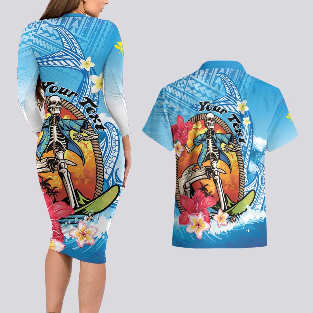 Personalized Aloha Hawaii Skeleton Surfing Couples Matching Long Sleeve Bodycon Dress and Hawaiian Shirt Tribal Shark Plumeria LT01 - Polynesian Pride